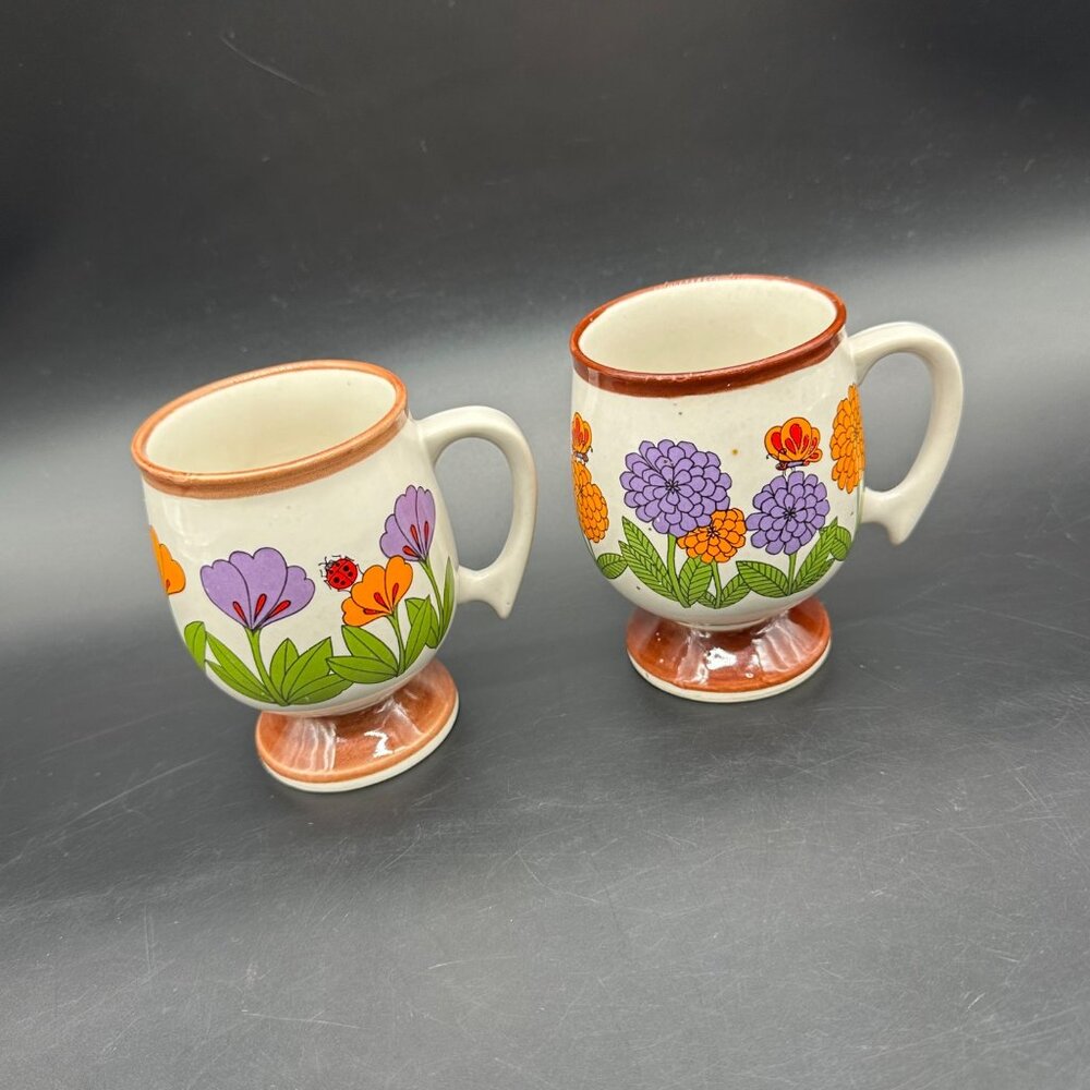 Vintage 1970s Floral Pedestal Mugs Set Of 2 Flower Power Ladybug Coffee Cups